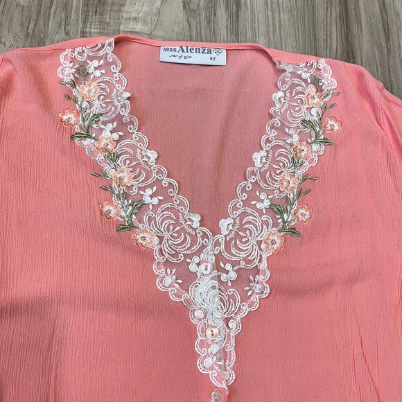 Miss Alenza Pink Nightgown Lace Trim Button Front EU 42 US Medium 36" Length - Picture 3 of 8